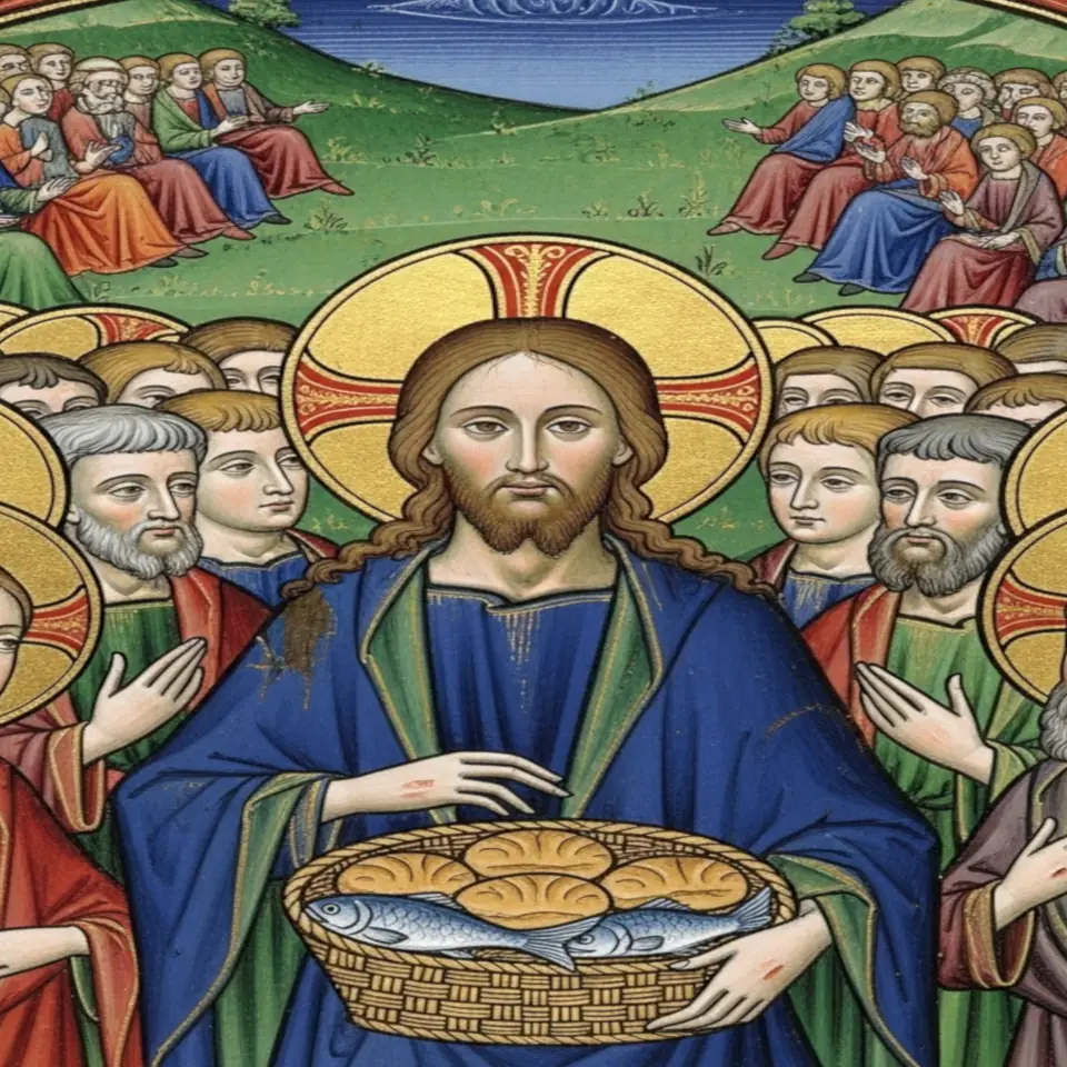 Miniature enluminée : le Christ, nimbé d'or, présente la corbeille des cinq pains et des deux poissons au milieu des apôtres